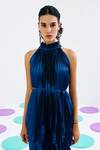 Buy_Pleats By Aruni_Blue Crepe, Satin Halter Neck Pleated Top_at_Aza_Fashions
