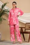 Buy_Bairaas_Pink Muslin Printed Persian Shirt Collar High Low Tunic And Pant Set_at_Aza_Fashions