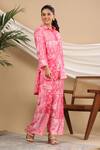 Bairaas_Pink Muslin Printed Persian Shirt Collar High Low Tunic And Pant Set_Online_at_Aza_Fashions