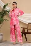 Bairaas_Pink Muslin Printed Persian Shirt Collar High Low Tunic And Pant Set_at_Aza_Fashions