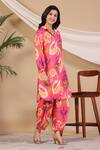 Buy_Bairaas_Magenta Muslin Abstract Collared Neck Printed Shirt Kurta And Afghani Pant Set_Online_at_Aza_Fashions