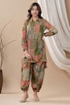 BAIRAAS_Green Muslin Printed Floral Collared Neck Shirt Kurta And Afghani Pant Set_Online_at_Aza_Fashions