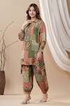 Buy_BAIRAAS_Green Muslin Printed Floral Collared Neck Shirt Kurta And Afghani Pant Set_Online_at_Aza_Fashions