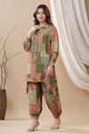 Buy_BAIRAAS_Green Muslin Printed Floral Collared Neck Shirt Kurta And Afghani Pant Set _Online_at_Aza_Fashions