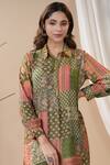 BAIRAAS_Green Muslin Printed Floral Collared Neck Shirt Kurta And Afghani Pant Set_at_Aza_Fashions