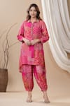 Buy_Bairaas_Magenta Muslin Printed Floral Collared Neck Kurta And Afghani Pant Set_at_Aza_Fashions