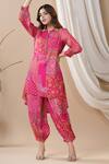 Bairaas_Magenta Muslin Printed Floral Collared Neck Kurta And Afghani Pant Set_at_Aza_Fashions
