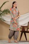 Buy_Bairaas_Grey Muslin Printed Floral Collared Neck Flower Kurta And Afghani Pant Set_Online_at_Aza_Fashions