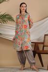 Shop_Bairaas_Grey Muslin Printed Floral Collared Neck Flower Kurta And Afghani Pant Set_Online_at_Aza_Fashions