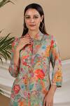 Bairaas_Grey Muslin Printed Floral Collared Neck Flower Kurta And Afghani Pant Set_at_Aza_Fashions