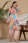 Buy_Bairaas_Peach Muslin Floral Collared Neck Bright Print Kurta And Afghani Pant Set_Online_at_Aza_Fashions