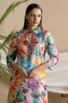 Bairaas_Peach Muslin Floral Collared Neck Bright Print Kurta And Afghani Pant Set_at_Aza_Fashions