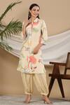 Buy_Bairaas_Yellow Muslin Printed Leaf Collared Neck Botanic Kurta And Afghani Pant Set_Online_at_Aza_Fashions