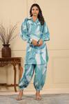 Buy_Bairaas_Blue Muslin Printed Leaf Notched Abstract Kurta And Afghani Pant Set_at_Aza_Fashions