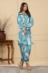 Shop_Bairaas_Blue Muslin Printed Leaf Notched Abstract Kurta And Afghani Pant Set_at_Aza_Fashions