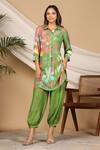 Buy_Bairaas_Green Muslin Printed Floral Collared Neck Floret Shirt Kurta And Afghani Pant Set_at_Aza_Fashions