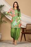 Shop_Bairaas_Green Muslin Printed Floral Collared Neck Floret Shirt Kurta And Afghani Pant Set_at_Aza_Fashions
