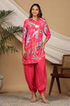 Buy_Bairaas_Pink Muslin Floral Collared Neck Floret Print Kurta And Afghani Pant Set_at_Aza_Fashions
