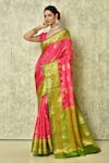 Buy_Samyukta Singhania_Pink Pure Banarasi Silk Woven Floral Colorblock Saree With Running Blouse _at_Aza_Fashions