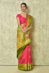 Buy_Samyukta Singhania_Pink Pure Banarasi Silk Woven Floral Colorblock Saree With Running Blouse _Online_at_Aza_Fashions