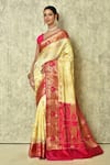 Buy_Samyukta Singhania_Cream Pure Banarasi Silk Woven Floral Colorblock Saree With Running Blouse _at_Aza_Fashions