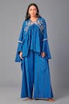 Poonam Dubey_Blue Handloom Cotton Organza Asymmetric Floral Top And Pant Set  _Online_at_Aza_Fashions