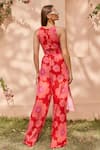 Shop_ZiP by Payal & Zinal_Red Cotton Print Floral Round Neck La Girl Jumpsuit_at_Aza_Fashions