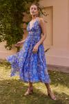 Buy_ZiP by Payal & Zinal_Blue Organza Print Floral Deep V Neck Dory Bloom Dress _at_Aza_Fashions