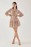 Buy_Koai_Pink Chiffon Ruffles V-neck Stripe Pattern Bishop Sleeve Top _at_Aza_Fashions