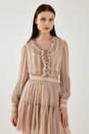 Koai_Pink Chiffon Ruffles V-neck Stripe Pattern Bishop Sleeve Top _Online_at_Aza_Fashions