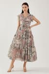 Buy_Koai_Pink Cotton, Silk V-neck Floral Pattern Tiered Dress _at_Aza_Fashions