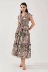 Koai_Pink Cotton, Silk V-neck Floral Pattern Tiered Dress _Online_at_Aza_Fashions