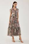 Buy_Koai_Pink Cotton, Silk V-neck Floral Pattern Tiered Dress _Online_at_Aza_Fashions