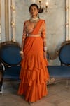 Buy_Paulmi and Harsh_Orange Sari  Organza Embroidered Floral Pre-draped Ruffle Saree With Blouse _at_Aza_Fashions