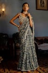 Buy_Paulmi and Harsh_Blue Saree Georgette Printed And Embellished Pre-draped With Blouse _at_Aza_Fashions
