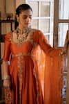 Paulmi and Harsh_Orange Anarkali And Pant Chiniya Silk Embroidery Zari U Neck Set  _Online_at_Aza_Fashions