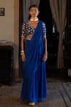 Buy_Paulmi and Harsh_Blue Saree Georgette Embroidery Sequin Leaf Neck Pre-stitched With Blouse _at_Aza_Fashions