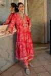 Buy_Paulmi and Harsh_Red Cotton Silk Printed Floral V Neck Kurta And Pant Set  _at_Aza_Fashions