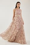 Buy Koai Pink Chiffon Fringe Round Neck Floral Pattern Godet Dress at Aza Fashions Buy_Koai_Pink Chiffon Fringe Round Neck Floral Pattern Godet Dress _at_Aza_Fashions