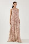 Koai Pink Chiffon Fringe Round Neck Floral Pattern Godet Dress at Aza Fashions Koai_Pink Chiffon Fringe Round Neck Floral Pattern Godet Dress _at_Aza_Fashions