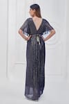 Monk & Mei_Blue Jumpsuit Georgette Lurex Lines V Neck With Embroidered Belt _Online_at_Aza_Fashions