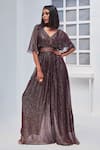 Buy_Monk & Mei_Wine Jumpsuit Georgette Lurex Lines V Neck With Embroidered Velvet Belt _at_Aza_Fashions