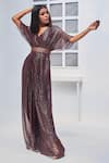 Buy_Monk & Mei_Wine Jumpsuit Georgette Lurex Lines V Neck With Embroidered Velvet Belt _Online_at_Aza_Fashions