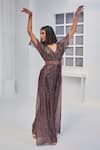 Shop_Monk & Mei_Wine Jumpsuit Georgette Lurex Lines V Neck With Embroidered Velvet Belt _Online_at_Aza_Fashions