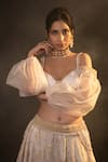 Shop_MONK & MEI BY SONIA ANAND_Gold Silk And Brocade Blend Floral Plunge Sweetheart Diana Pattern Lehenga Set _at_Aza_Fashions