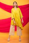 Buy_Monk & Mei By Sonia Anand_Yellow , Satin Embroidery Nusrat Asymmetric Hem Kurta With Pant _at_Aza_Fashions