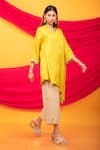 Monk & Mei By Sonia Anand_Yellow , Satin Embroidery Nusrat Asymmetric Hem Kurta With Pant _Online_at_Aza_Fashions
