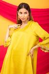 Shop_Monk & Mei By Sonia Anand_Yellow , Satin Embroidery Nusrat Asymmetric Hem Kurta With Pant _Online_at_Aza_Fashions