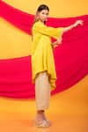 Monk & Mei By Sonia Anand_Yellow , Satin Embroidery Nusrat Asymmetric Hem Kurta With Pant _at_Aza_Fashions