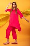 Monk & Mei By Sonia Anand_Pink , Satin Embroidery Collared Nusrat Tilted Hem Kurta With Pant _Online_at_Aza_Fashions